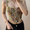 Vintage Floral Print Lace Up Corset Top - Modakawa Modakawa