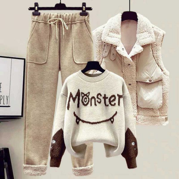 Monster Letter Print Sweater Fleece Vest Casual Pants Three Pieces - Modakawa modakawa