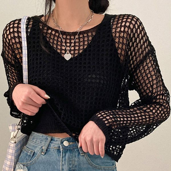 Loose Hollow Out See Through Mesh Crochet Crop Top - Modakawa Modakawa