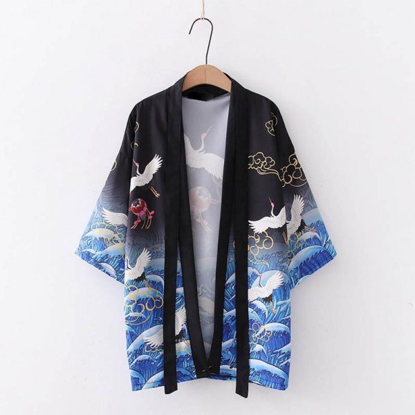 Crane Print Japanese Belted Kimono Outerwear Sun Protective - Modakawa Modakawa