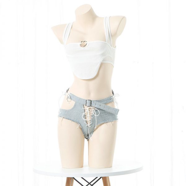 Pure Color Tank Top Hollow Out Denim Shorts Lingerie Set - Modakawa Modakawa