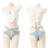 Pure Color Tank Top Hollow Out Denim Shorts Lingerie Set - Modakawa Modakawa