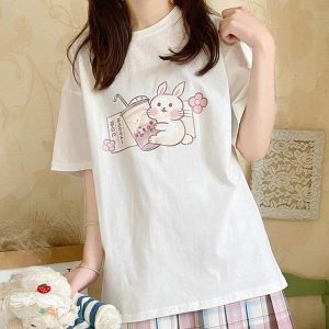 Cartoon Bunny Milk Tea Print Casual T-Shirt - Modakawa modakawa